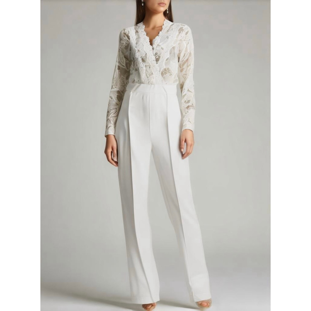 Women's Jumpsuit 2XL White Long Sleeve Lace Top V-Neck Coquette Fairy Barbiecore